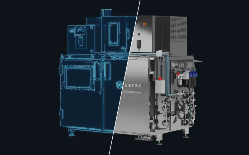 Bottling machine shown half as a glowing wireframe and half as the finished photoreal render